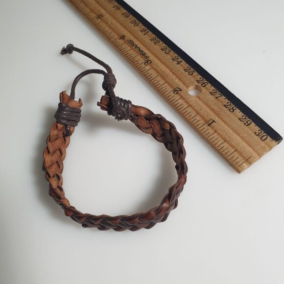 Braided Adjustable Brown Leather Bracelet Cord Closure Unisex Jewelry Men Gift - Picture 4 of 4